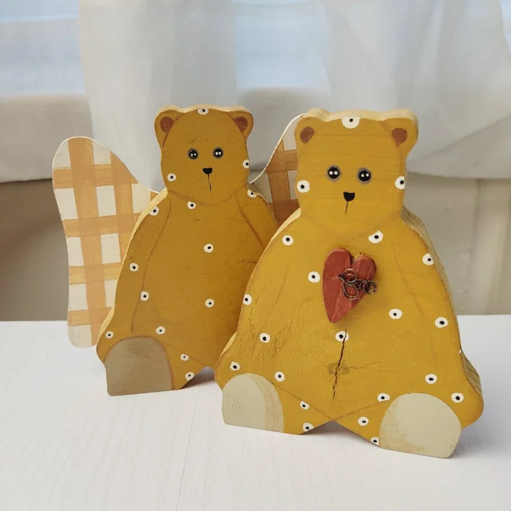 Two Vintage Handmade Folk Art Wooden Bears Angel Wings Heart Hand Painted polka.